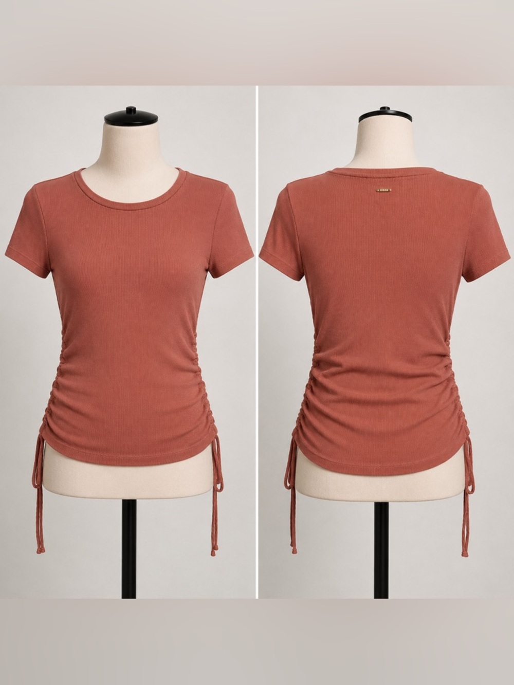 Guess Ribbed Ruched Top S Brown Fitted Y2K Baby Tee Stretch Casual Cute